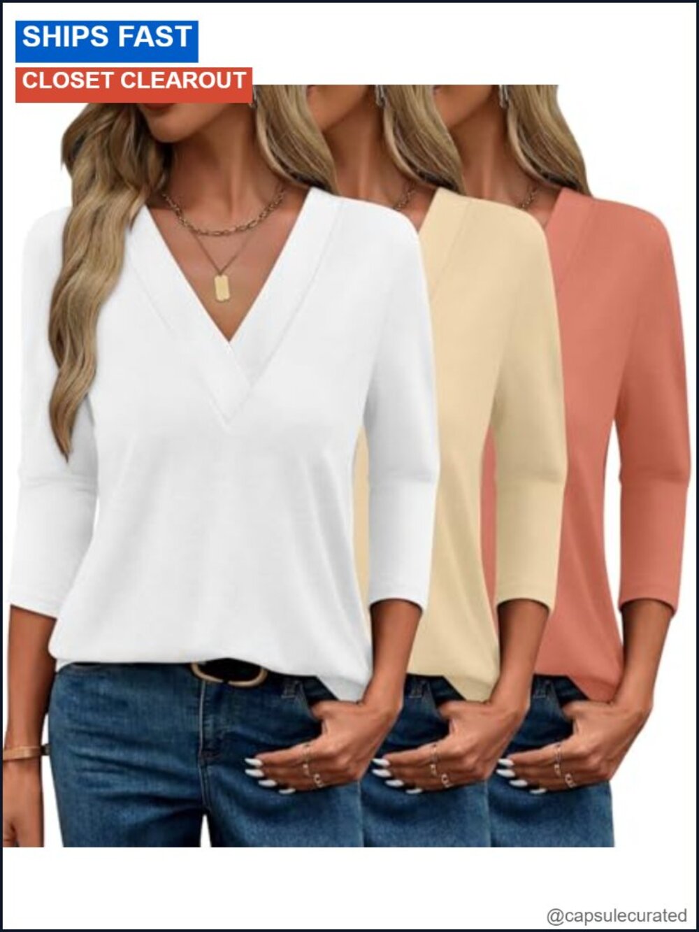 3 Pack Women's V-Neck 3/4 Sleeve Tops Casual Loose Blouses Rayon Spandex